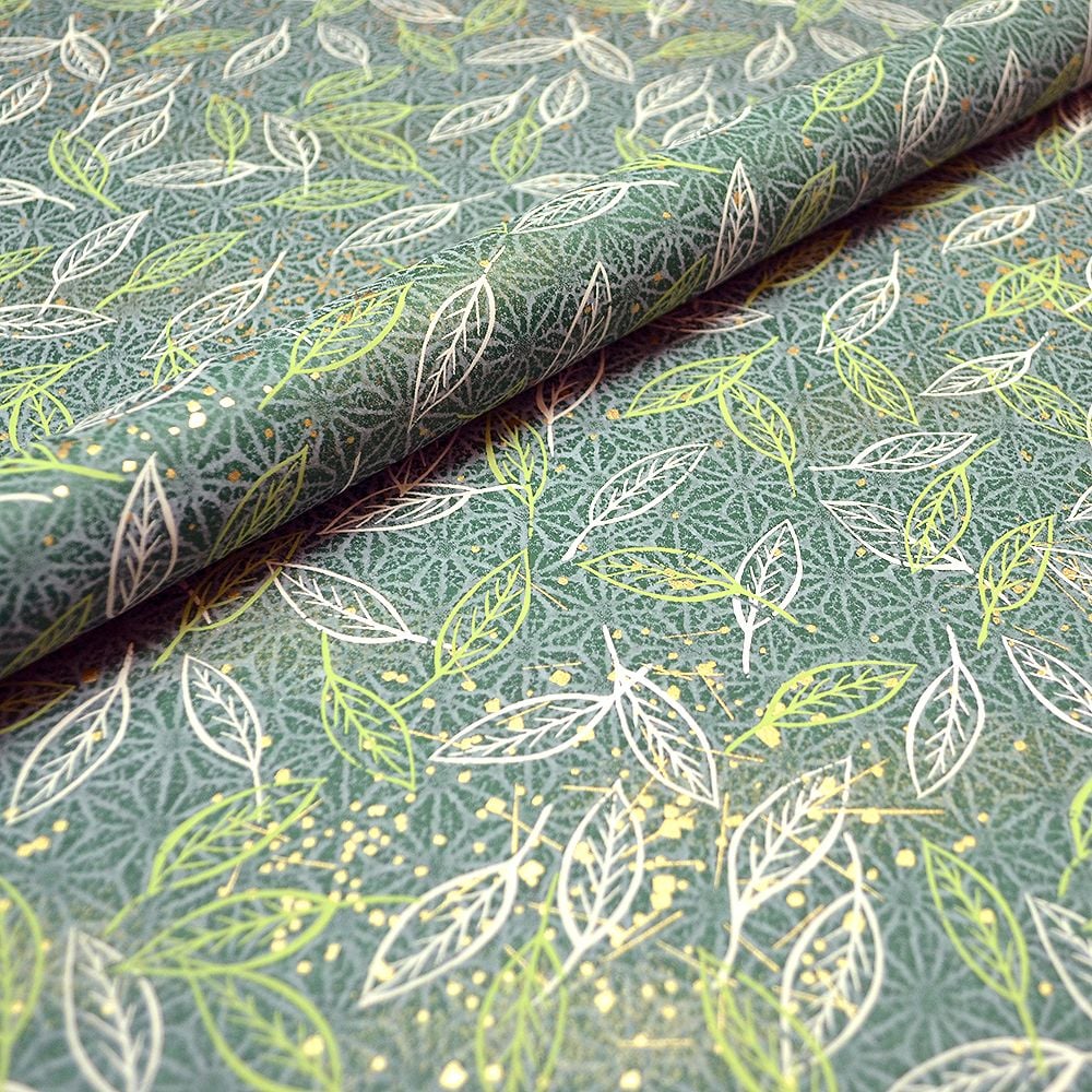 Chiyogami Paper Green and Gold Leaves
